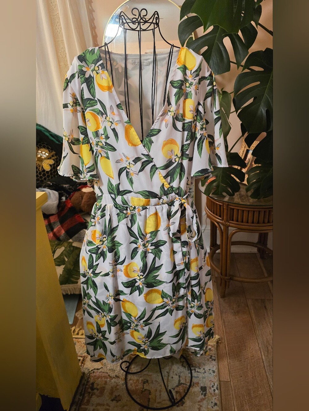 New York & Company Lemon Print Faux Wrap Hi-Low Midi Dress XL